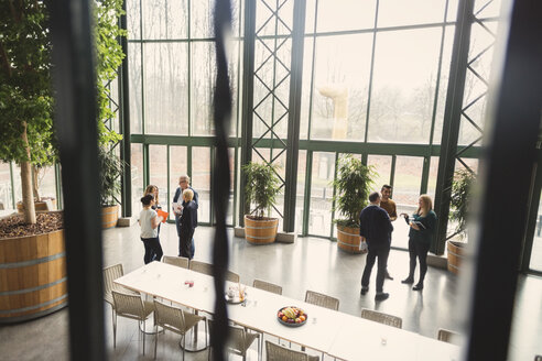 High angle view of creative business people discussing in groups at office - MASF03542