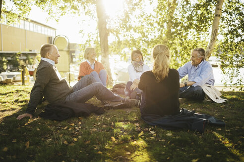 Glückliche Freunde sitzen auf einer Wiese im Park - MASF03562