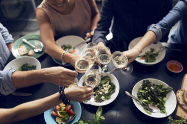 High angle view of multi-ethnic friends toasting wineglasses - MASF03582