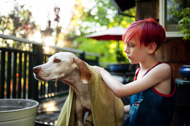 Seitenansicht eines Jungen, der seinen Hund mit Stoff auf der Veranda trocknet - CAVF38145