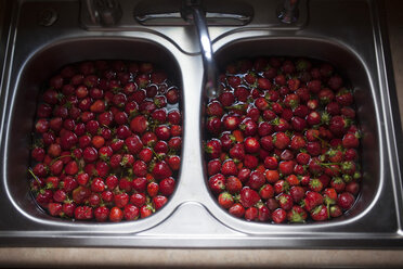 Hochformatige Ansicht von Erdbeeren in der Küchenspüle - CAVF38348