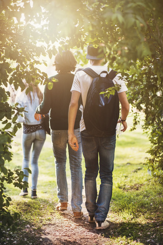 Rear view of teenagers walking at park stock photo