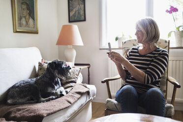 Ältere Frau fotografiert zu Hause ihren Hund mit dem Smartphone - MASF04026