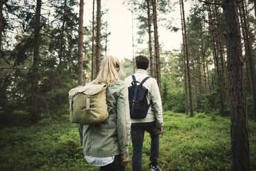 Rear view of couple carrying backpacks while walking through forest - MASF04096