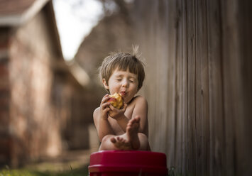 Junge isst Apfel und sitzt auf einer Bank am Holzzaun im Hinterhof - CAVF38899