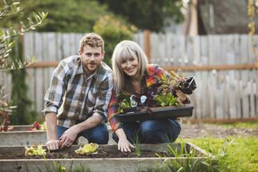 Portrait of couple gardening at backyard - CAVF38927