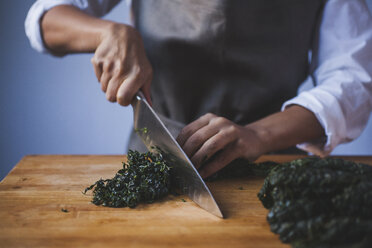 Midsection of woman cutting kale in kitchen - CAVF38963