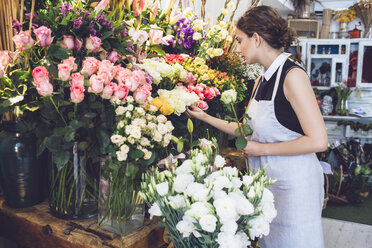 Female florist arranging roses in shop - CAVF39148