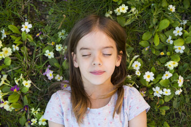 Porträt eines auf einer Blumenwiese liegenden Mädchens, Ansicht von oben - LVF06870