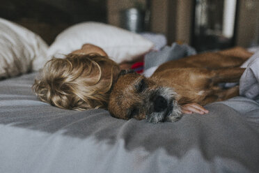 Junge schläft mit Schnauzer auf dem Bett zu Hause - CAVF40123