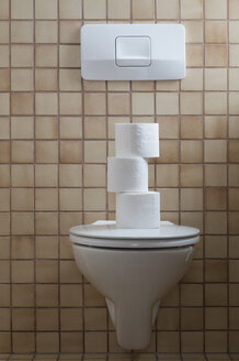 Toilette mit Stapel von Toilettenpapier - CRF02788