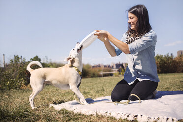 Glückliche Frau schnappt Frisbee von verspielten Hund im Park gegen den Himmel - CAVF41508