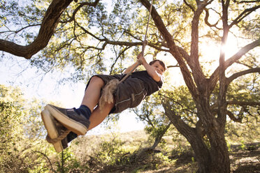 Low angle view of boy hanging from rope swing in forest - CAVF41693