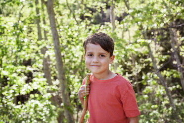 Porträt eines niedlichen Jungen mit Stock im Wald - CAVF41704