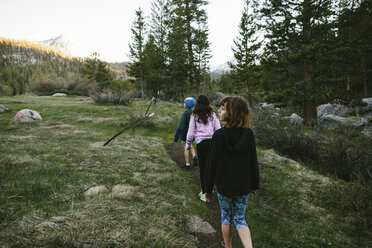 Rear view of siblings walking on field at Inyo National Forest - CAVF41876