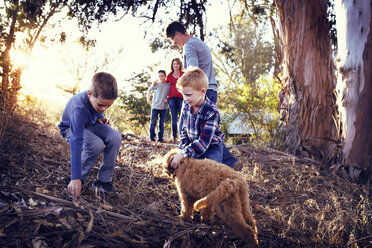 Familie vergnügt sich mit Hund auf einem Feld inmitten von Bäumen - CAVF42080
