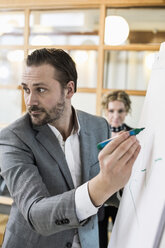 Mittlerer erwachsener Geschäftsmann schreibt auf Flipchart mit weiblicher Kollegin im Hintergrund im Büro - MASF04890