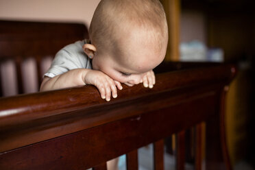 Baby girl biting wooden crib at home - CAVF42386