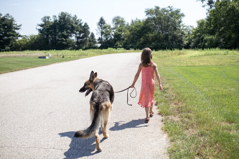 Rückansicht eines Mädchens, das mit einem deutschen Schäferhund auf der Straße spazieren geht, an einem sonnigen Tag inmitten eines grasbewachsenen Feldes - CAVF42410