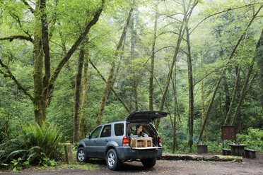 Wanderer, der im Geländewagen im Wald sitzt und wegschaut - CAVF42493