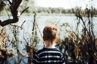 Rückansicht eines Jungen, der an einem See im Wald steht - CAVF42531