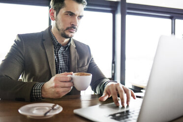 Konzentrierter Geschäftsmann hält eine Kaffeetasse, während er in einem Café am Laptop arbeitet - CAVF42651