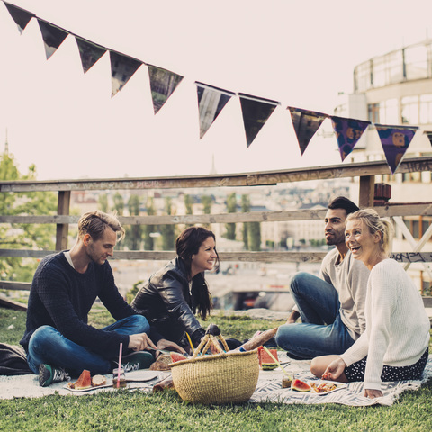 Glückliche Freunde genießen ein Picknick auf dem Dachgarten, lizenzfreies Stockfoto
