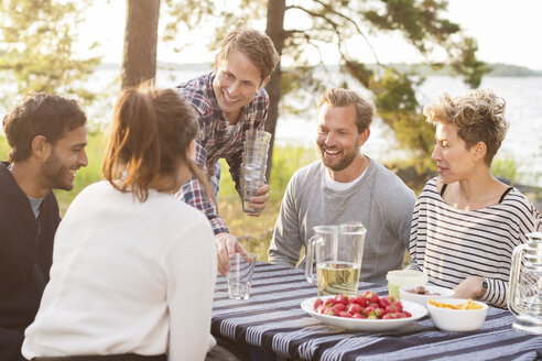 Group of friends enjoying while having lunch at lakeshore - MASF05025