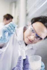 Female scientist using pipette to examine sample in laboratory - MASF05085