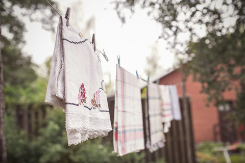 Wäsche zum Trocknen auf einer Schnur auf einem Biohof, lizenzfreies Stockfoto