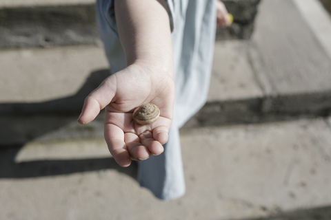Snail shell on little girl's palm stock photo