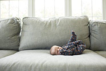 Porträt eines kleinen Jungen, der zu Hause auf dem Sofa liegt - CAVF43072