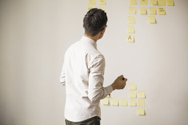 Businessman looking at sticky notes while standing against wall in creative office - CAVF43244