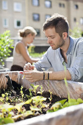 Junger Mann bei der Gartenarbeit mit Frau im Hintergrund - MASF05919