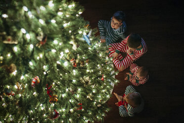 Hochformatige Ansicht von Geschwistern, die zu Hause am Weihnachtsbaum sitzen - CAVF43480