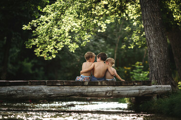 Rückansicht von Brüdern ohne Hemd, die auf einem Baumstamm über einem Bach im Wald sitzen - CAVF43507