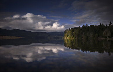 Scenic view of lake by trees against cloudy sky - CAVF43559