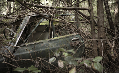 Nahaufnahme eines verlassenen Autos im Wald - CAVF43579