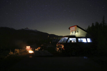 Person sitting by motor home at campsite against sky - CAVF43583