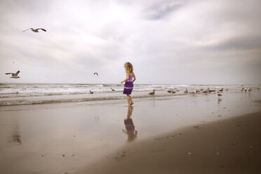 Rear view of girl enjoying with birds on beach against cloudy sky - CAVF43602