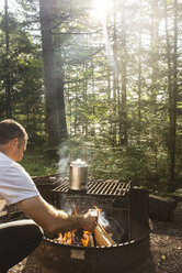 Rückansicht eines Mannes bei der Zubereitung von Essen auf einem Grill im Wald - CAVF43623