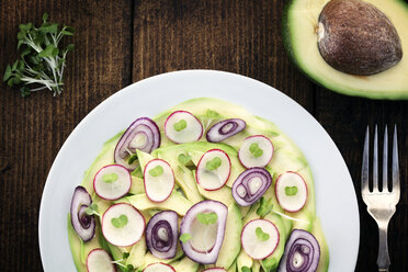 Overhead view of avocado salad served in plate on table - CAVF43677