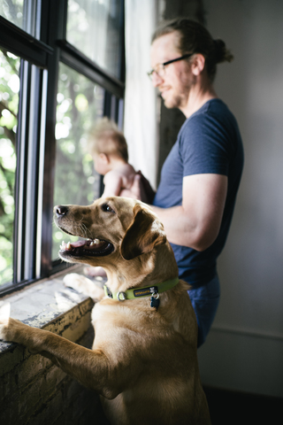 Seitenansicht eines Vaters mit Tochter und Hund, der durch ein Fenster schaut, lizenzfreies Stockfoto