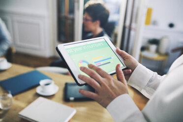 Cropped image of businesswoman using tablet computer in office - CAVF45052