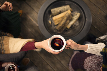 Cropped image of female friends holding cup in backyard - CAVF45210