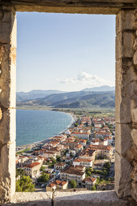 Greece, Pelopnnes, View on Paralia Astros through castle window - MAMF00070