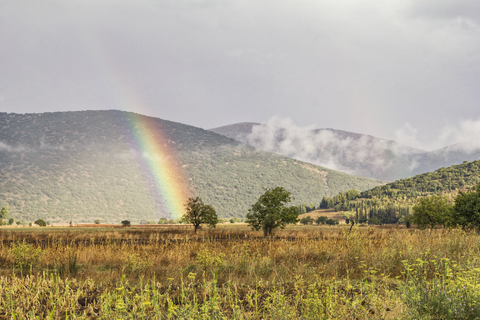 Greece, Peloponnese, Landscape and rainbow stock photo