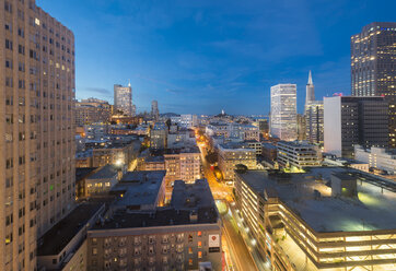 USA, California, San Francisco, Chinatown, Financial District, Coit Tower in the evening - MKFF00355