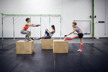 Entschlossene Sportlerinnen trainieren auf Boxen im Fitnessstudio - CAVF45501