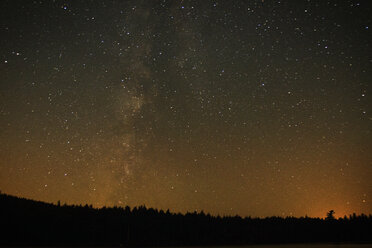 Blick auf ein Sternenfeld über einer nächtlichen Silhouettenlandschaft - CAVF45883